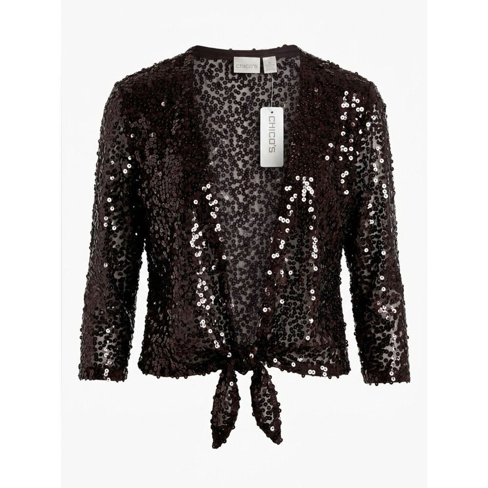 BLACK SEQUIN JACKET GLITZ IT UP TIE UP JACKET by CHICO’S SIZE 1